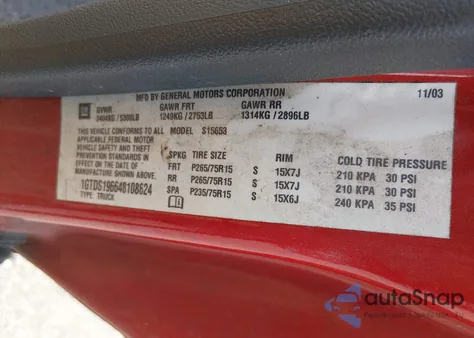 2004 GMC Canyon Sle z USA, uszkodzony, nr VIN 1GTDS196648108624